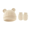 Close-up of cotton baby beanie with bear ears and matching anti-scratch mittens set - Hat And Gloves / Apricot