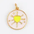 Round brass pendant with yellow enamel heart and golden sunburst rays on white background - K076506-Yellow Radiant Yellow Heart