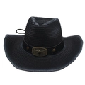 Black straw cowboy hat with metallic bull head detail and adjustable chin strap - Pentagram Bull Head With Wind Rope Style / Black