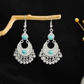 Bohemian silver earrings with turquoise stones and metal fringe on wooden branch - Turquoise (E6109-25)