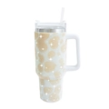 40oz stainless steel tumbler with gold and white leopard pattern rhinestones and straw - 1200ml (40oz) / Champagne Cow Print