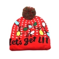 Detail of red knit Christmas beanie with reindeer pattern and Let's Get Lit slogan - M(54-58cm) / Red Plaid Light Ball Let's get LIT (11#)