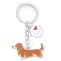Detail eines silbernen Schlüsselanhängers mit braunem Dackel und I Love Dogs-Anhänger - Braunes Herz Dackel (M10186)
