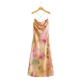 Lange satijnen jurk met tie-dye print, watervalhals en gekruiste bandjes - S / Tie-dye Meerkleurig