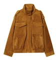Detail of caramel suede jacket featuring a stand collar and ribbed hem on white background - XS / Earthy Yellow