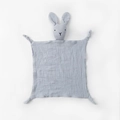 Light blue cotton gauze baby comforter with a cute rabbit doll head and knotted corners - Grey Rabbit