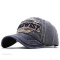 Detail of vintage patchwork baseball cap with WILDWEST embroidery and distressed stitching - Adjustable Free Size / Gray