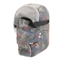 Winter graffiti trapper hat with gray faux fur lining and integrated clear eye goggles - Glasses Style / Blue