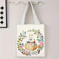Close-up of the floral rabbit illustration on a high-quality white canvas tote bag - Bunny with Blue Bow (jiayingstd84)