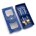 Golden stainless steel spoon and fork gift set in a navy blue box with elegant gold text - Titanium Gold 2Pcs Set - Blue Box