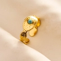 Detail of gold hammer-textured 304 stainless steel ring with a turquoise stone inlay - Gold Light Blue Gemstone Style (J514-G-LB)