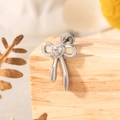 Silver bow stud earring with heart zircon and screw back on a wooden stand - Single Piece / White (A324-1#)