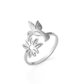 Macro detail of silver hummingbird and flower design on adjustable stainless steel ring - US 7 / Steel