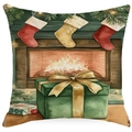 Christmas cushion cover featuring a festive fireplace watercolor print and green gift box - YMD15-24 (Cozy Fireplace)