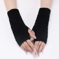 Short black knit fingerless gloves with pineapple stitch pattern for winter warmth - Black