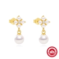 Elegant S925 sterling silver gold-tone petal earrings with white pearls and zircons - Elegant Pearl Dangle Style