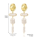 Baroque pearl long drop earrings with gold textured metal and dimensions shown - E2308-21 Caterpillar and Rectangle