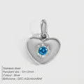 Silver stainless steel heart pendant with December aquamarine stone, 10x12mm size - December Lake Blue / Silver
