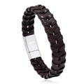 Detail of hand-woven dark brown leather bracelet with silver magnetic metal clasp - Coffee