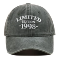 Macro detail of LIMITED EDITION 1998 white embroidery on charcoal washed cotton cap - Adjustable / Green