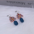 Retro acrylic geometric drop earrings with yellow and blue contrast on white fur - Clip-on Earrings