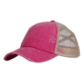 Distressed crisscross ponytail trucker hat in rose red and beige mesh for outdoor sports - Rose Red with Beige Mesh