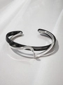 Double-layered silver bangle featuring grey marble texture and a wavy open design - Silver and Black/Grey Marble Style