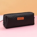 Minimalist black quilted fabric pencil case with leather basic label and zipper - Chevron Quilted / Quilted Black
