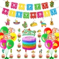 Mexican Fiesta Happy Birthday party decoration set with banners, balloons and cake toppers - Mexican Fiesta Combined Set Series 7