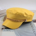 Fashionable yellow PU leather newsboy cap with gold metal chain and side buttons - One Size 58cm / Yellow Gold Ring Chain Style