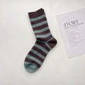 Retro soft wool socks featuring deep brown and sage green wide stripes in knit style - Striped
