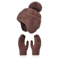 Coffee brown winter set with plush pompom earflap hat and touchscreen gloves - Coffee