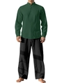 Ensemble homme en coton et lin avec chemise col officier vert foncé et pantalon noir - S / Vert Armée + Noir