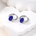 Macro shot of silver stainless steel earrings with dark blue natural stone ring pendants - Royal Blue Natural Stone