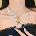 Bohemian gold chain necklace featuring white shell beads and a starfish pendant - Irregular Star Pearl Conch (17#)