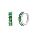 Detail showing C-shaped earrings with baguette-cut emerald green zircons on silver base - Platinum Green Zirconia