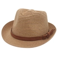 Classic trilby straw fedora with brown leather band and metallic tassel detail - Khaki