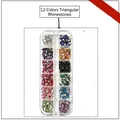 Detailed view of 12 colors triangular rhinestones in a clear plastic storage box - 12 Colors Triangle Rhinestones