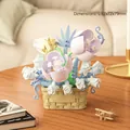 Pastel lavender and sky blue building block flower bouquet in a woven style basket - M3086 Blue Fairy / 166pcs/Color Box