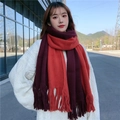 Winter knitted color-block scarf in red and dark red with stylish fringe details - Wine Red and Orange Red