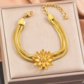 Golden double layer snake chain bracelet with sunflower pendant and pearl details - Chrysanthemum