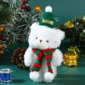 Close-up of white plush bear wearing a green LOVE hat and striped scarf for Christmas - 15-18cm / Blush White Bear + Green Hat Red Green Scarf