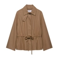 Women's khaki British style waist-tie parka jacket with drawstring detail in flat lay - XS / Brown