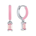 S925 sterling silver hoop earrings with pink enamel coating and rectangular zircon - 33-Pink Enamel Pink Rect Zirconia