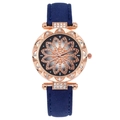 Detail of rose gold case watch with rhinestone flower pattern and navy blue matte strap - Floral Art Dial Watch / Blue