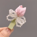Pink tulip fabric hair clip with white pearl beaded bow and green ribbon wrap - Pink Tulip Hair Clip