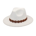 Close-up of white wool fedora with brown braided leather band and crisp textured finish - M (56-58cm) / White