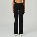 Women's black flared yoga pants with criss-cross high waist and side pockets - S / Premium Black