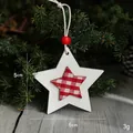 Handmade wooden Christmas star ornament with red checkered fabric and hanging beads - Double Star Pendant