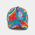 Close-up of vibrant rainbow tie-dye pattern on six-panel cotton baseball cap fabric - Red Yellow Blue Green Orange Tie-Dye (Color #1)